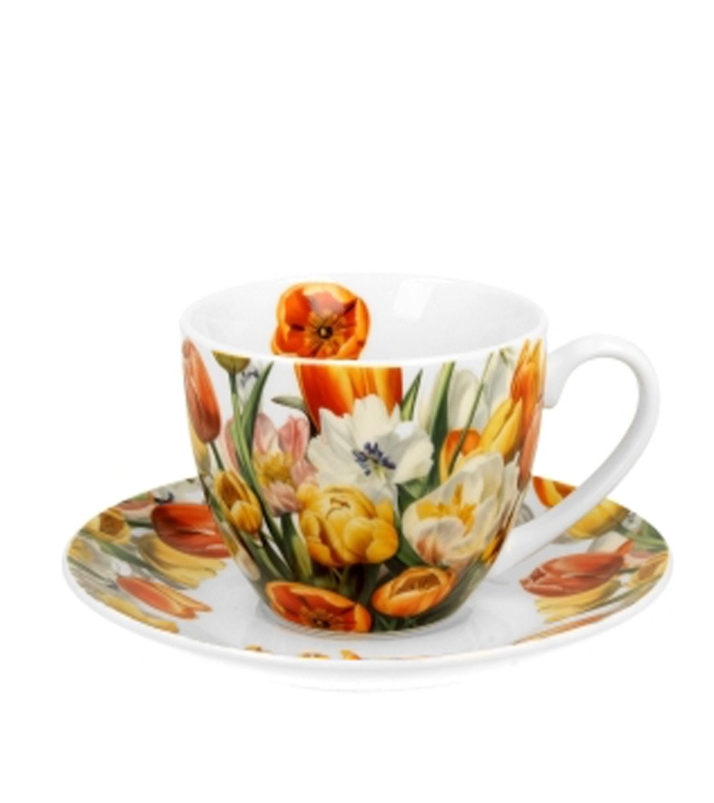 Mug Con Piattino Tulipani 250Ml New Bone China In Confezione Regalo