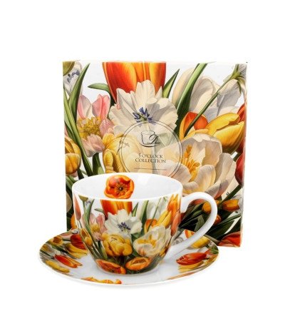 Mug Con Piattino Tulipani 250Ml New Bone China In Confezione Regalo