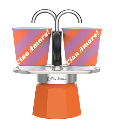 Moka Bialetti Mini Express Dolce Vita Ciao Amore + 2 Bicchieri