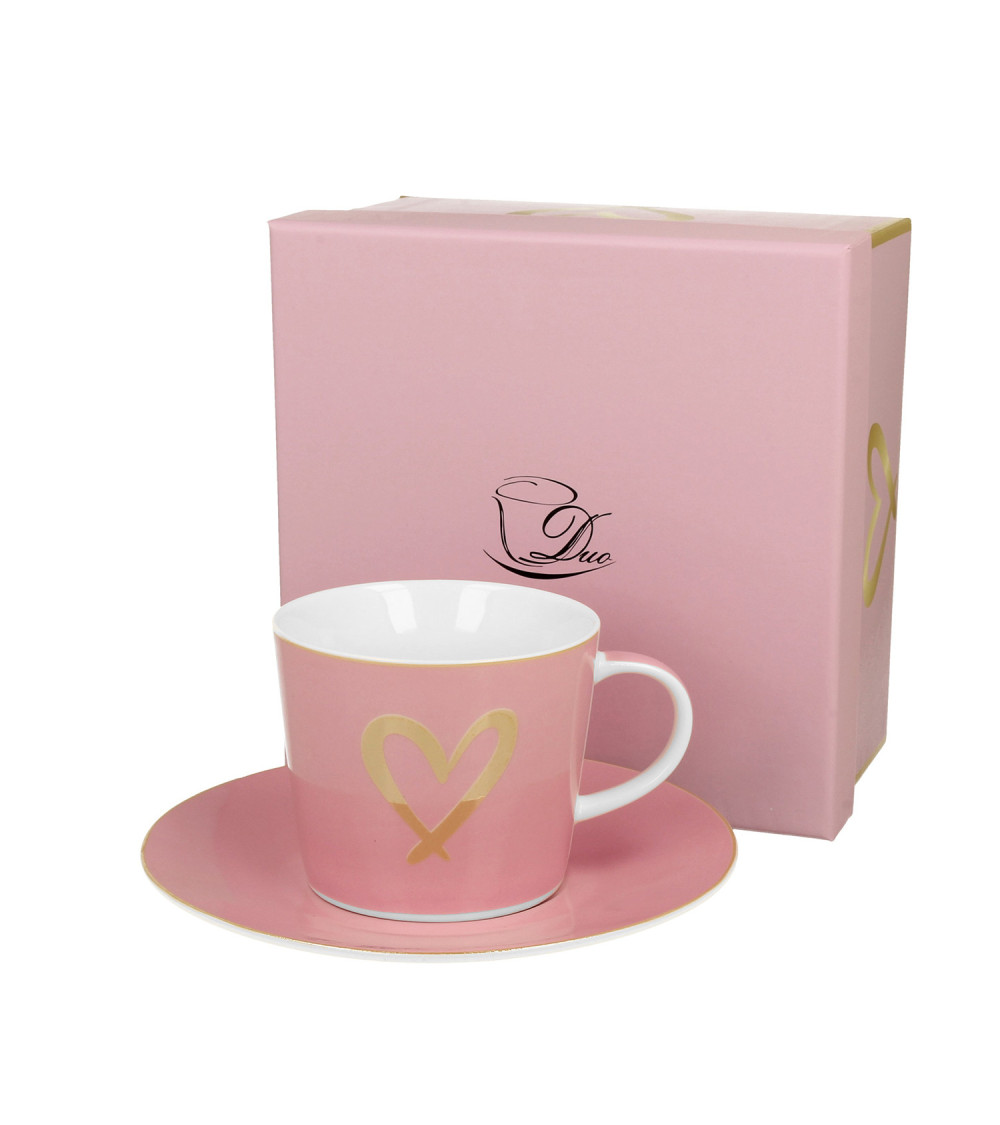 Mug Con Piattino Rosa Cuore D'Oro 250 Ml - Gift Box