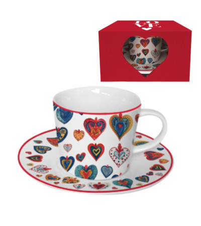Tazza Con Piattino Cuori Colorati - Gift Box Finestra Con Coure