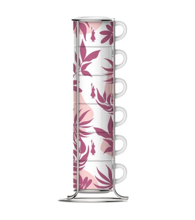 Bialetti 6 Tazzine caffè Foglia Rosa Impilab. incluso porta tazzine